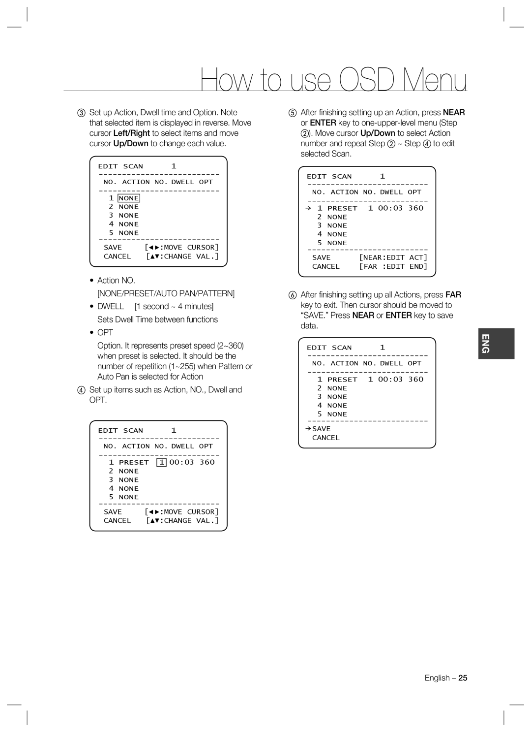 Samsung SCC-C7478 manual Action no, None/Preset/Auto Pan/Pattern, Opt, ④ Set up items such as Action, NO., Dwell and OPT 