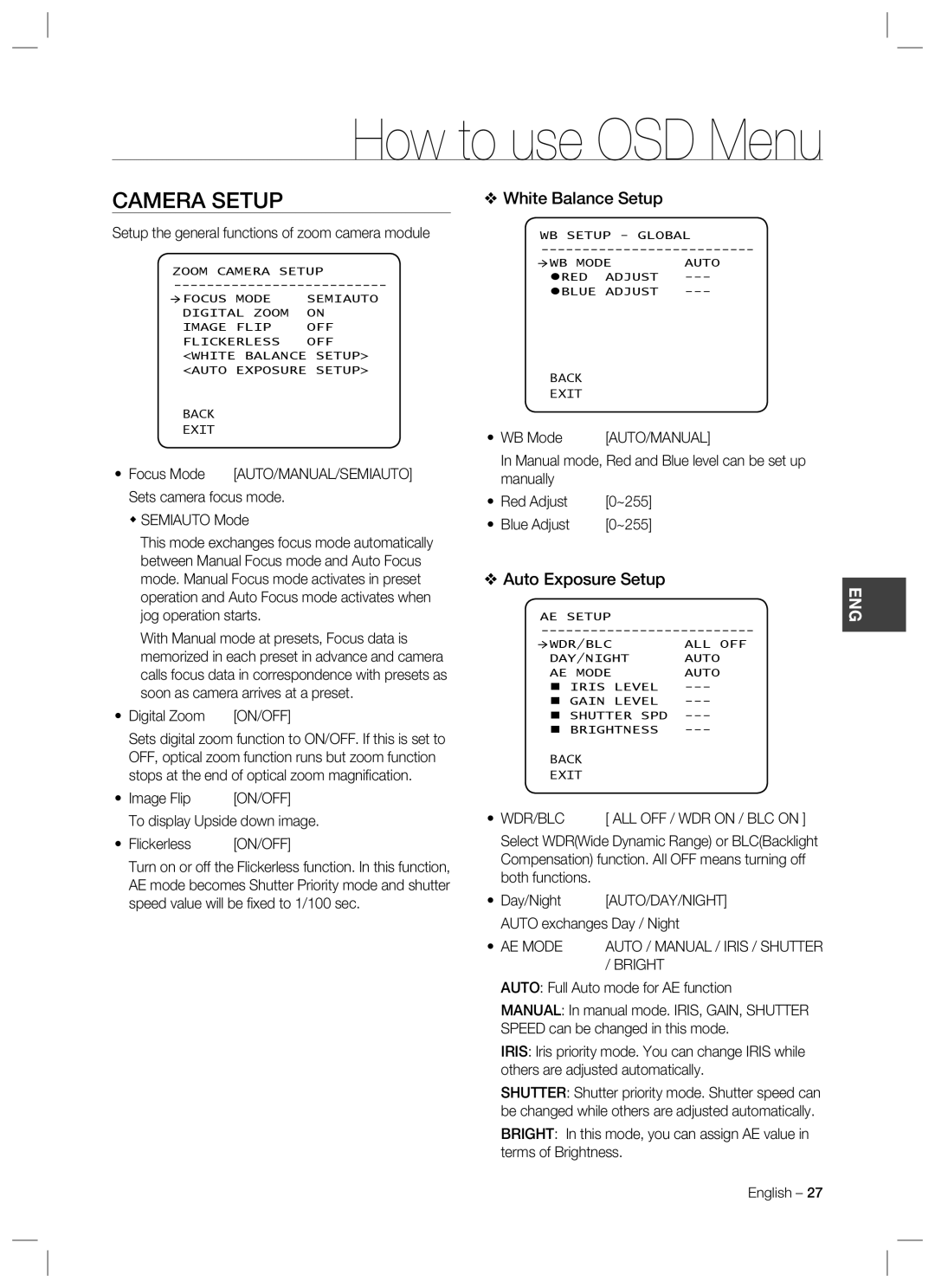 Samsung SCC-C7478 manual Camera Setup, White Balance Setup 