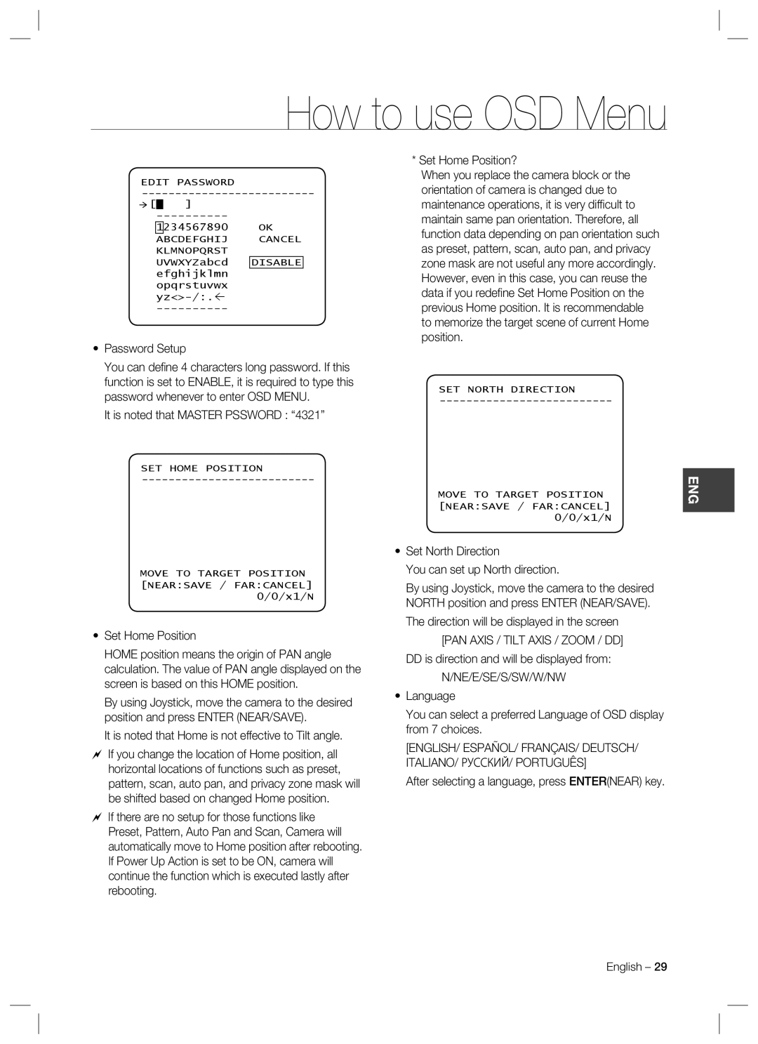 Samsung SCC-C7478 manual Set Home Position?, Password Setup, It is noted that Master Pssword 