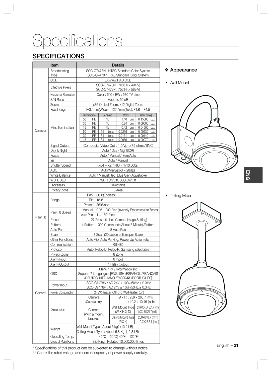 Samsung SCC-C7478 manual Speciﬁ cations, Specifications, Appearance, Wall Mount Ceiling Mount 