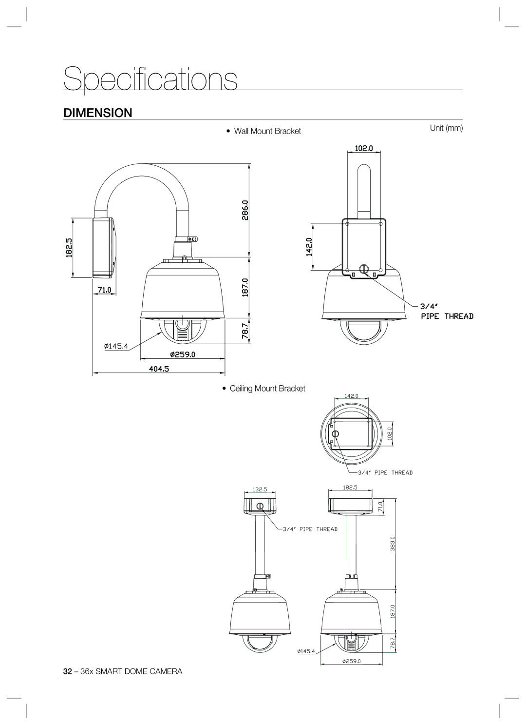 Samsung SCC-C7478 manual Dimension, Wall Mount Bracket, Ceiling Mount Bracket 