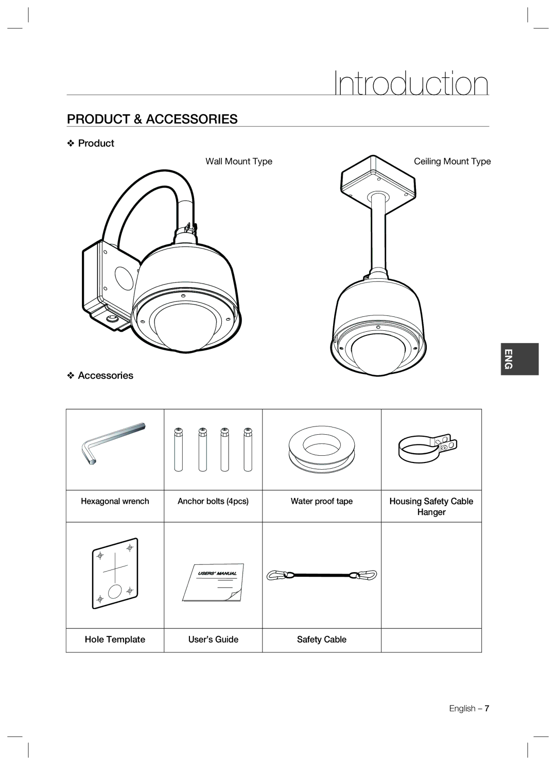 Samsung SCC-C7478 manual Product & Accessories, Wall Mount Type, Housing Safety Cable Hanger Hole Template User’s Guide 