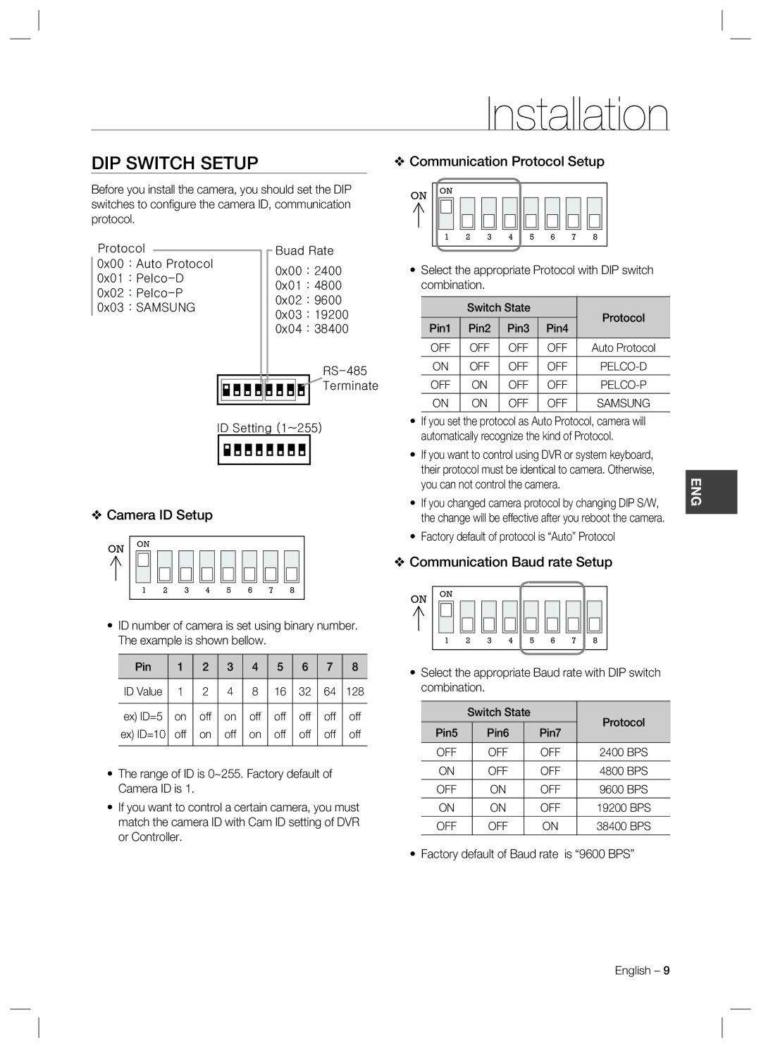 Samsung SCC-C7478 manual Installation, DIP Switch Setup, Communication Protocol Setup, Camera ID Setup 