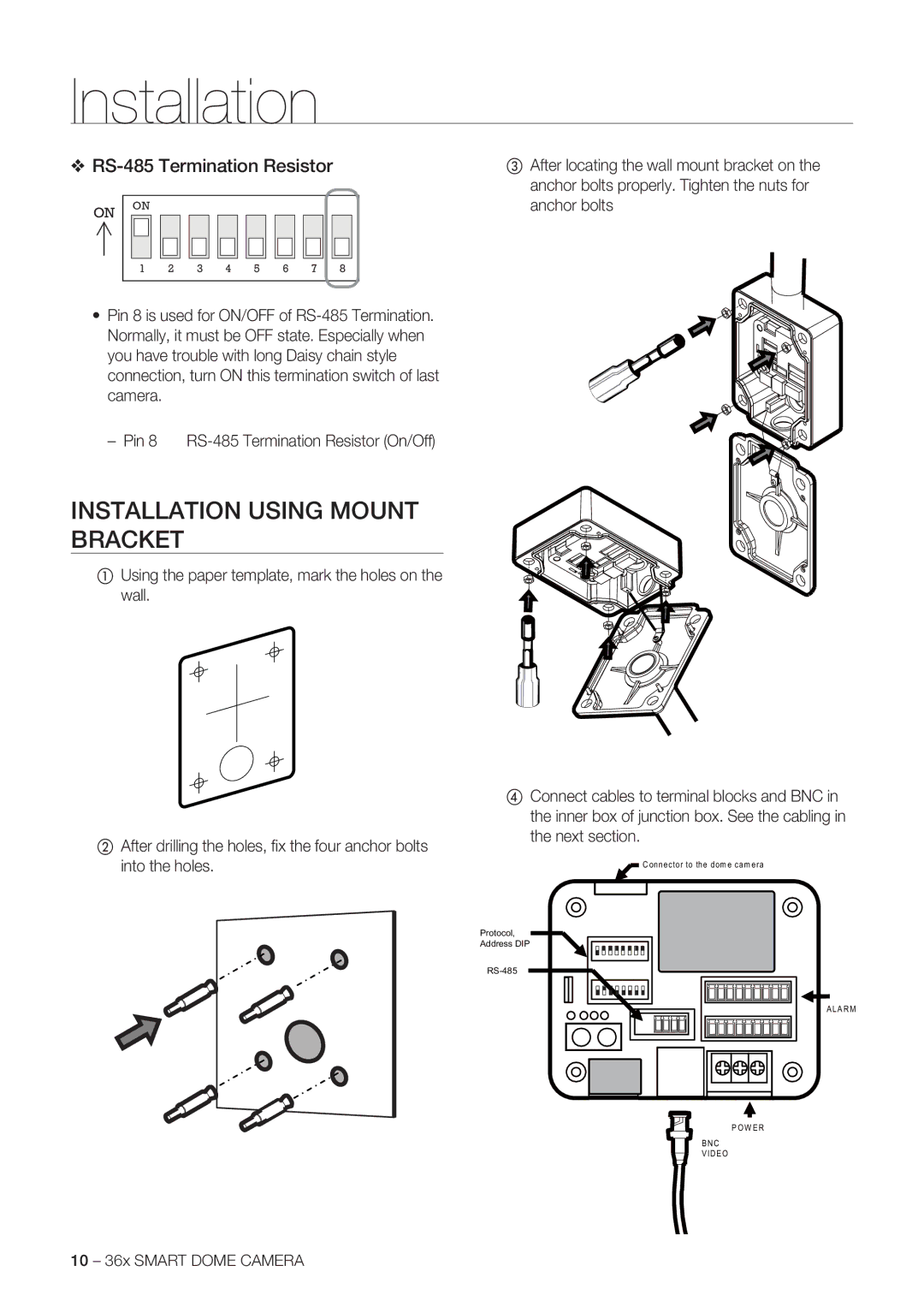 Samsung SCC-C7478P manual Installation Using Mount Bracket, RS-485 Termination Resistor, 10 36x Smart Dome Camera 