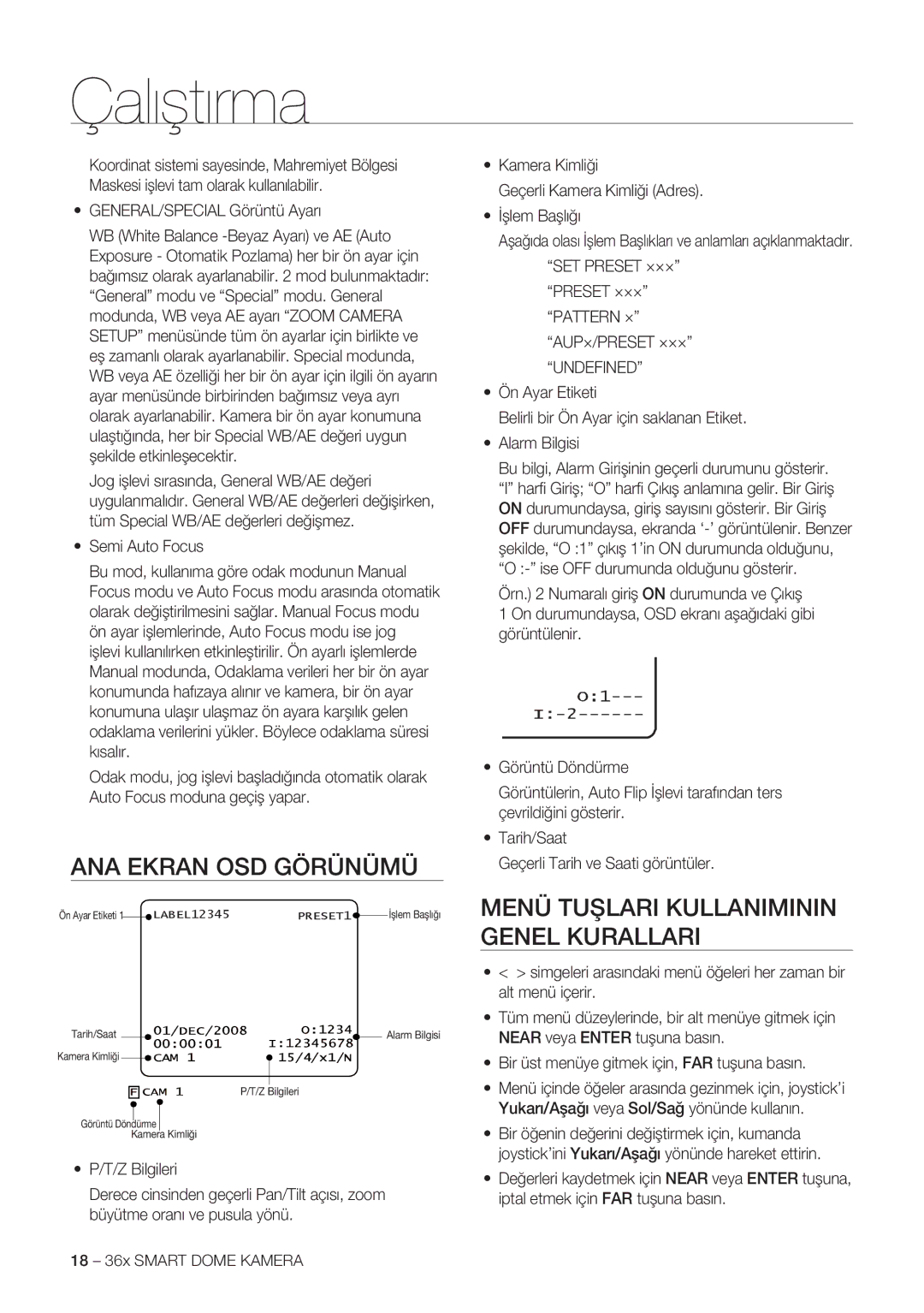 Samsung SCC-C7478P manual ANA Ekran OSD Görünümü, Menü Tuşlari Kullaniminin Genel Kurallari, GENERAL/SPECIAL Görüntü Ayarı 