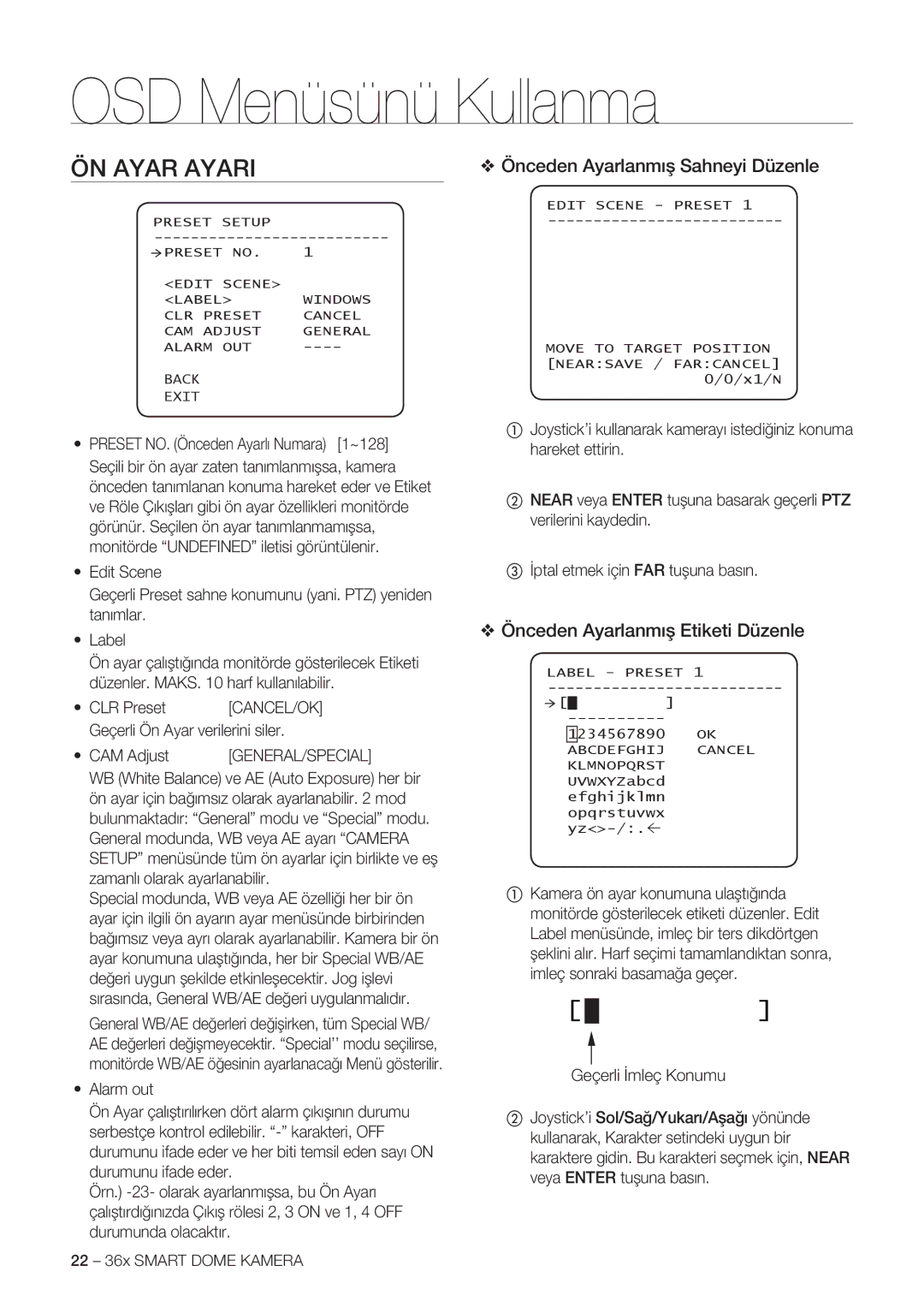 Samsung SCC-C7478P manual ÖN Ayar Ayari, Önceden Ayarlanmış Sahneyi Düzenle, Önceden Ayarlanmış Etiketi Düzenle 