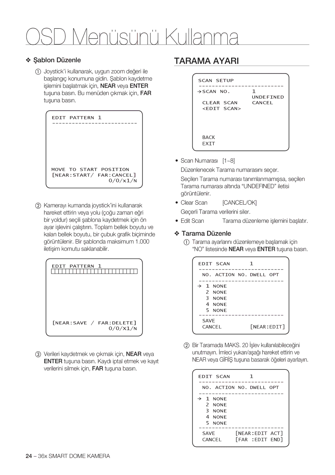 Samsung SCC-C7478P manual Tarama Ayari, Şablon Düzenle, Tarama Düzenle, Geçerli Tarama verilerini siler 