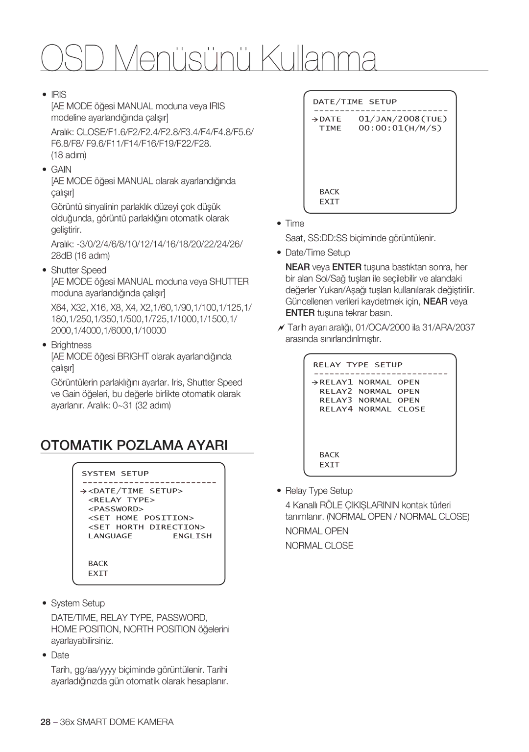 Samsung SCC-C7478P manual 18 adım, Time Saat, Ssddss biçiminde görüntülenir Date/Time Setup, 28 36x Smart Dome Kamera 