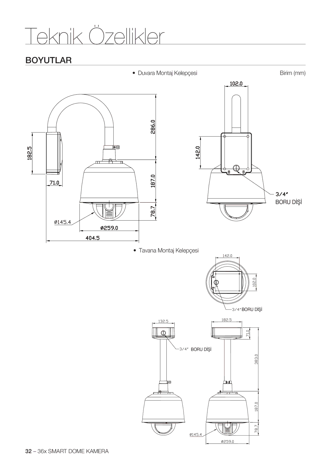 Samsung SCC-C7478P manual Boyutlar, Duvara Montaj Kelepçesi, Boru Dİşİ, Tavana Montaj Kelepçesi 