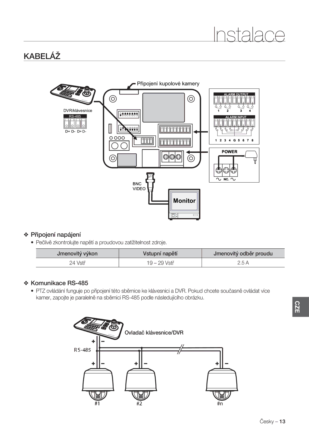 Samsung SCC-C7478P manual Kabeláž, Připojení napájení, Komunikace RS-485 