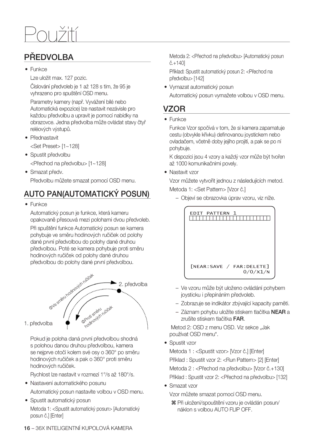 Samsung SCC-C7478P manual Předvolba, Auto Panautomatický Posun, Vzor, Funkce Lze uložit max pozic 