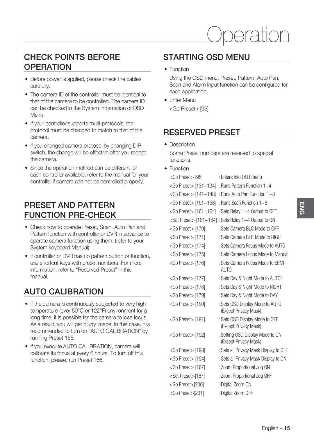 Samsung SCC-C7478P manual Operation 