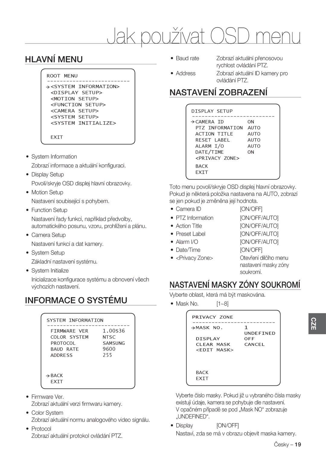 Samsung SCC-C7478P manual Hlavní Menu, Informace O Systému, Nastavení Zobrazení, Nastavení Masky Zóny Soukromí 