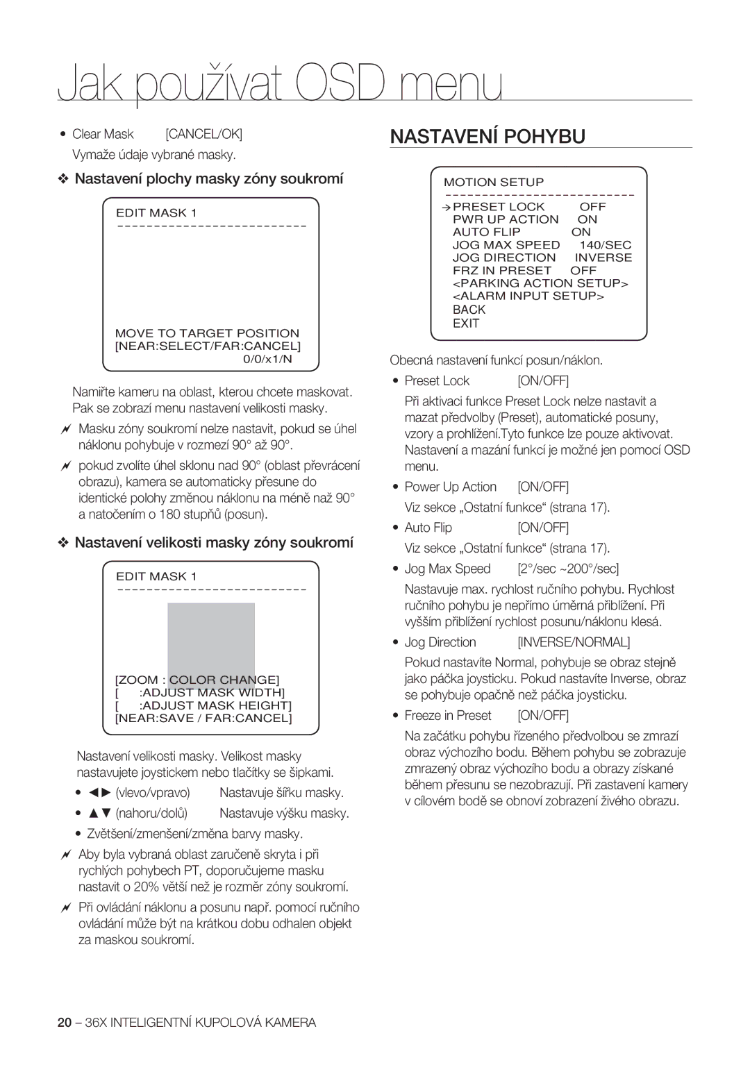 Samsung SCC-C7478P manual Jak používat OSD menu, Nastavení Pohybu, Nastavení plochy masky zóny soukromí 