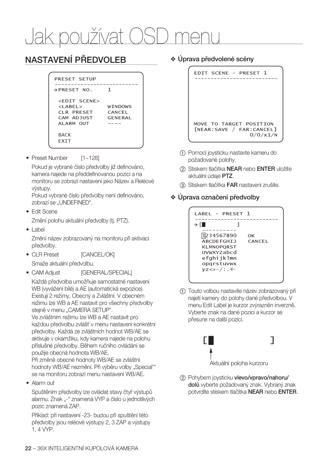 Samsung SCC-C7478P manual Nastavení Předvoleb, Úprava předvolené scény, Úprava označení předvolby, Smaže aktuální předvolbu 