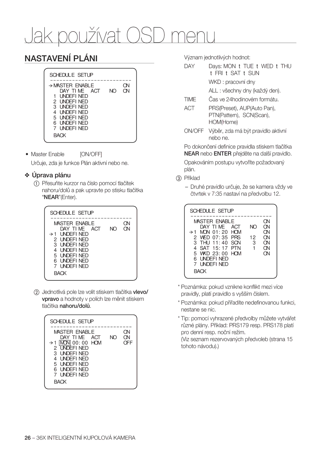 Samsung SCC-C7478P manual Nastavení Pláni, Úprava plánu 