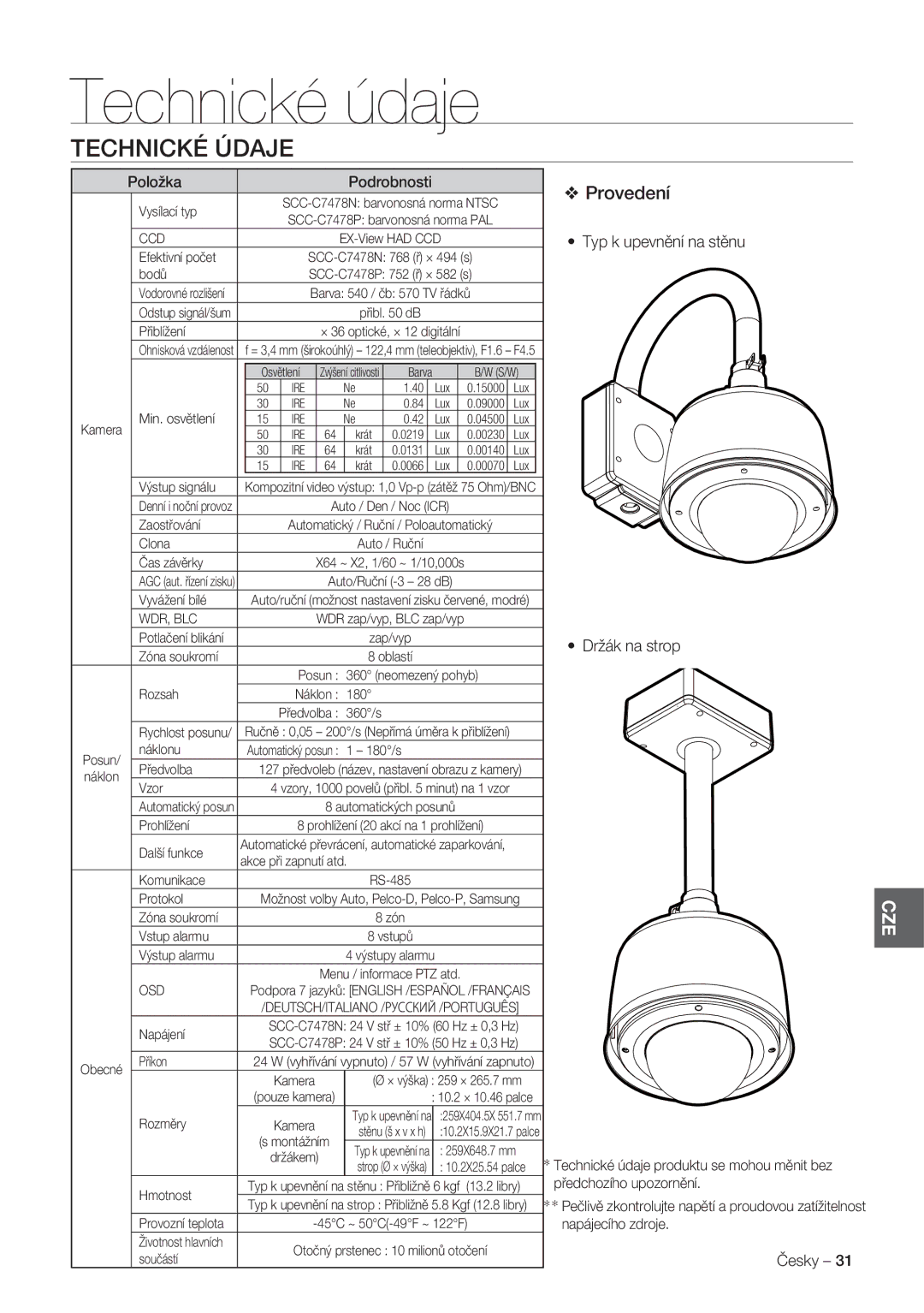 Samsung SCC-C7478P manual Technické údaje, Technické Údaje, Provedení, Typ k upevnění na stěnu Držák na strop 