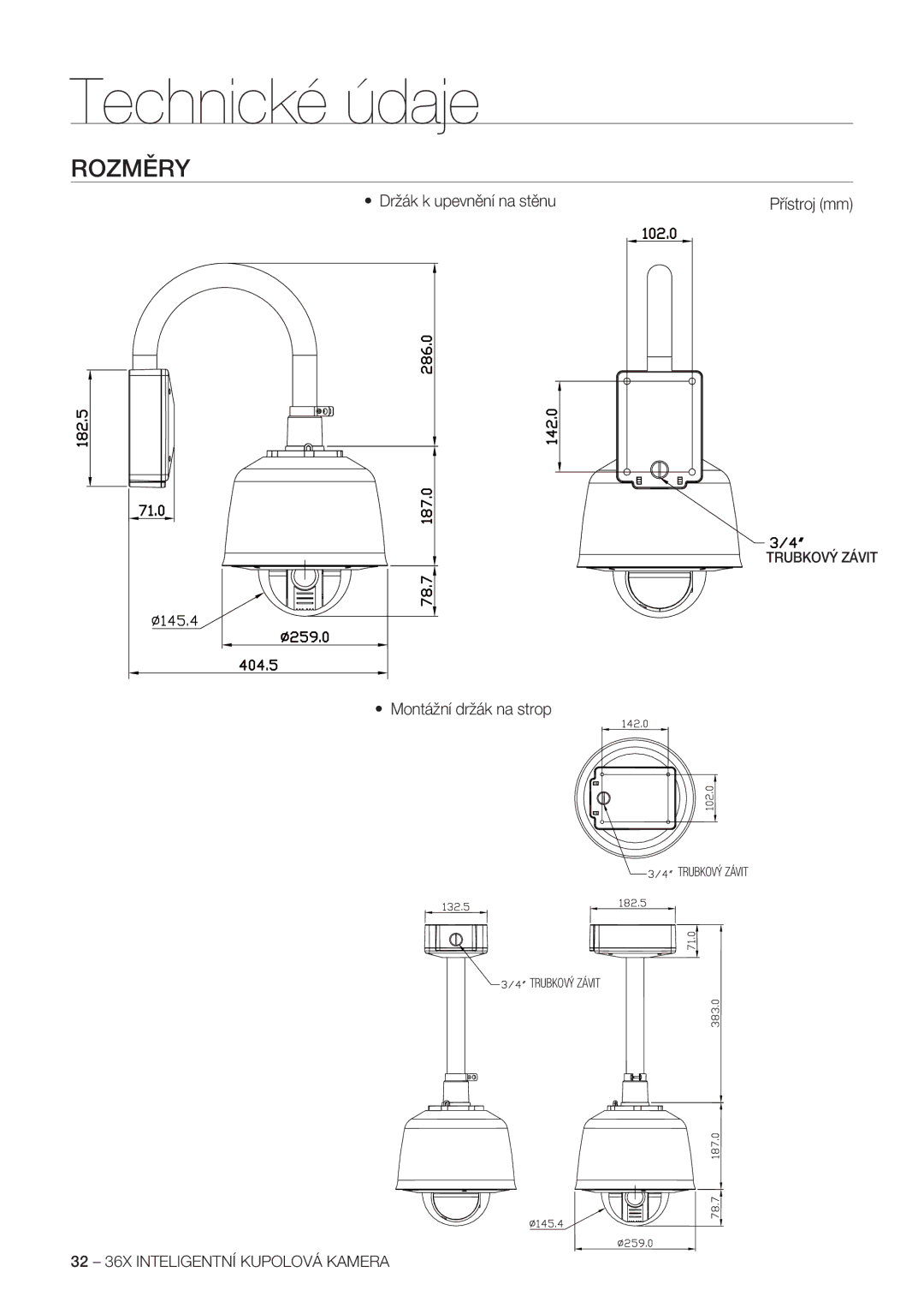 Samsung SCC-C7478P manual Rozměry, Držák k upevnění na stěnu, Montážní držák na strop, Přístroj mm 