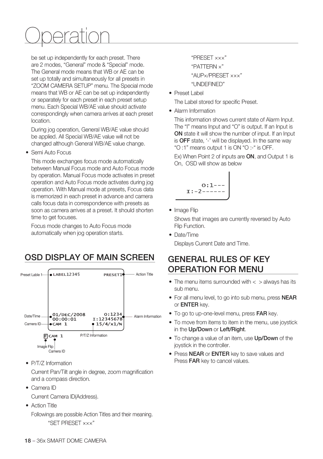 Samsung SCC-C7478P manual OSD Display of Main Screen, General Rules of KEY Operation for Menu, Semi Auto Focus, Preset ××× 