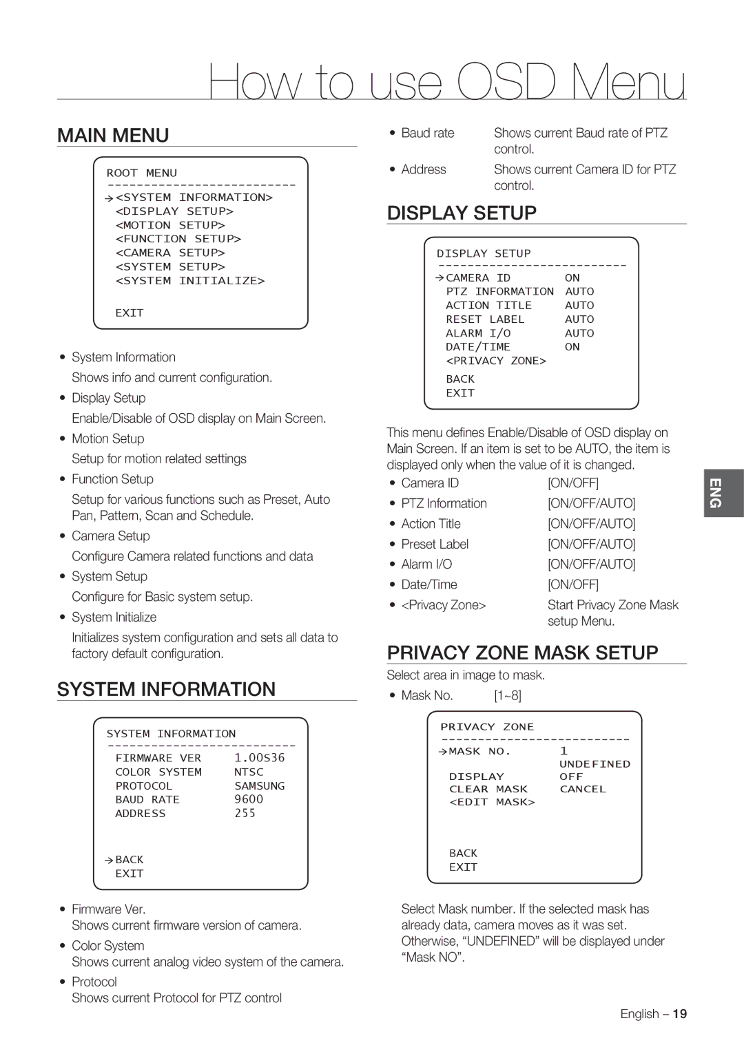 Samsung SCC-C7478P manual How to use OSD Menu, Main Menu, System Information, Display Setup, Privacy Zone Mask Setup 