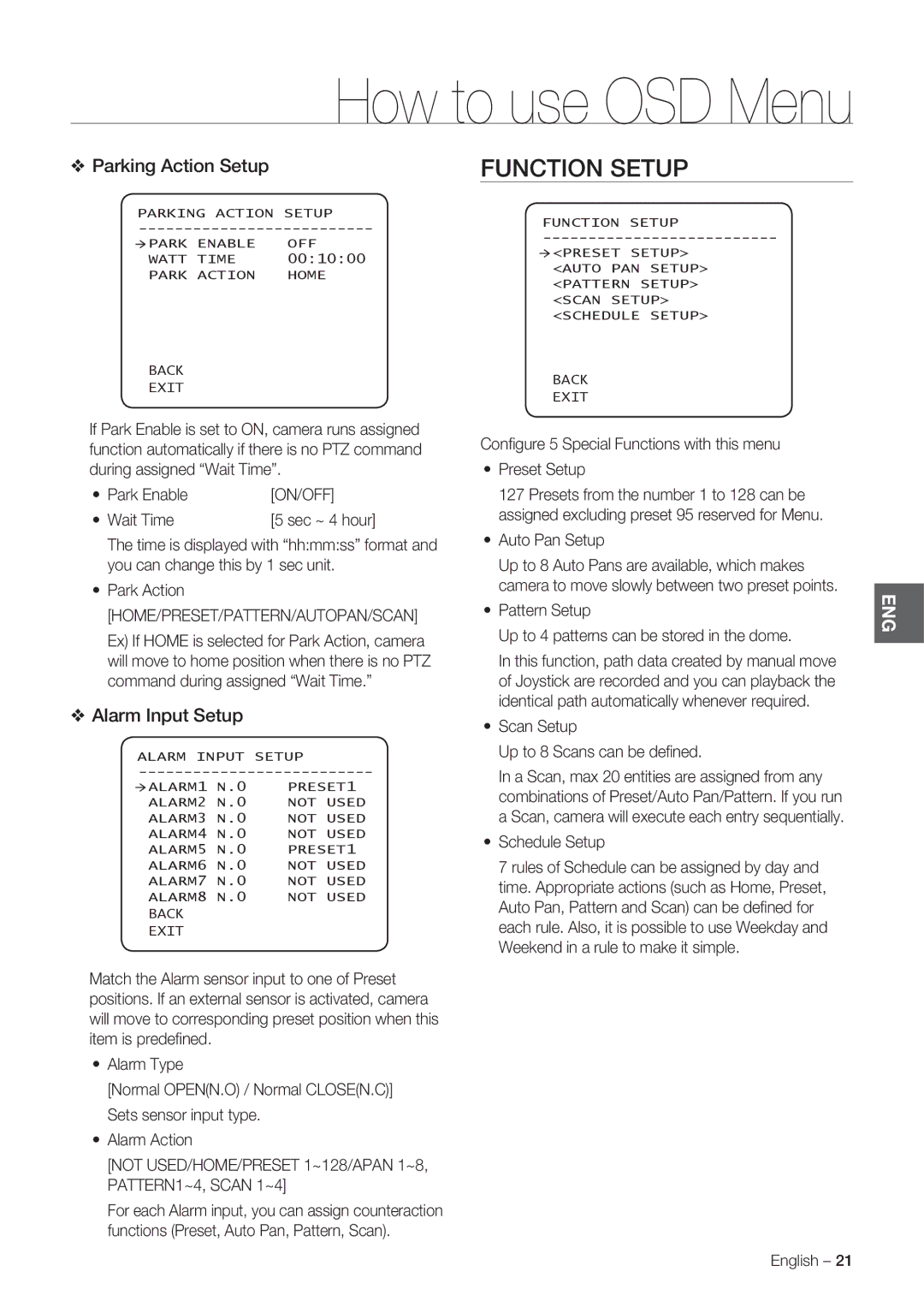 Samsung SCC-C7478P manual Function Setup, Parking Action Setup, Alarm Input Setup, Home/Preset/Pattern/Autopan/Scan 