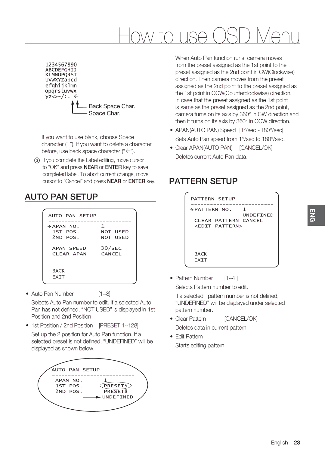 Samsung SCC-C7478P manual Auto PAN Setup, Pattern Setup, Back Space Char 