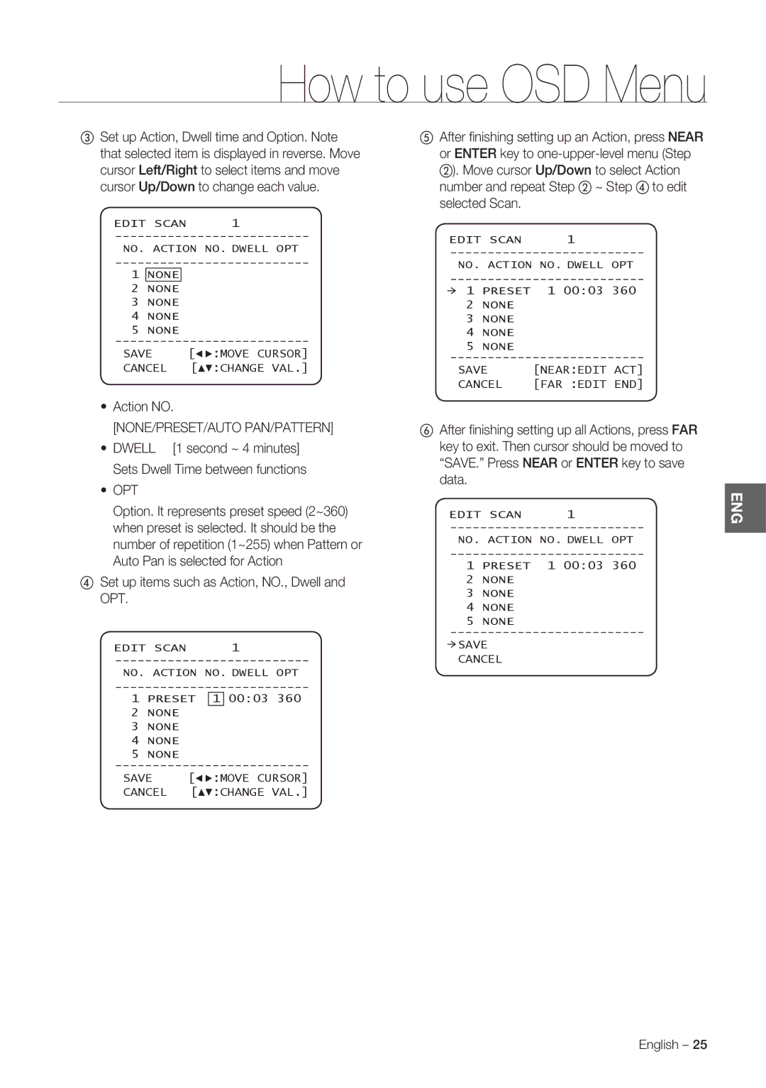 Samsung SCC-C7478P manual Action no, None/Preset/Auto Pan/Pattern, Opt, ④ Set up items such as Action, NO., Dwell and OPT 