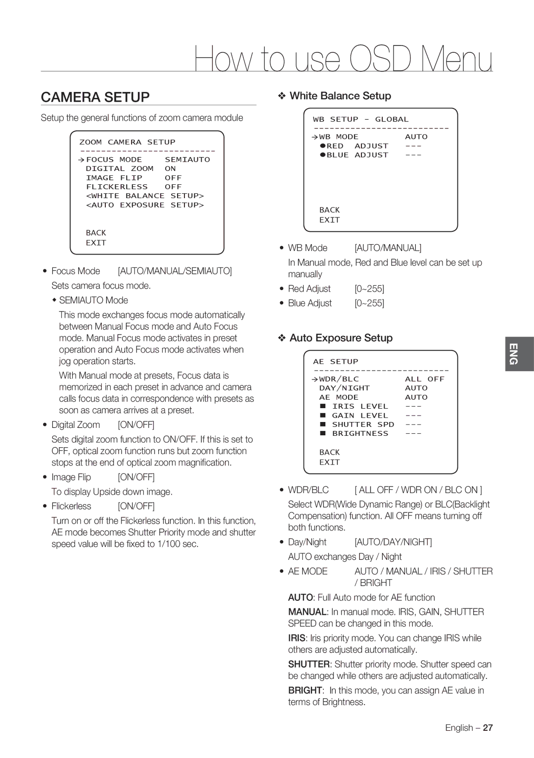 Samsung SCC-C7478P manual Camera Setup, White Balance Setup 