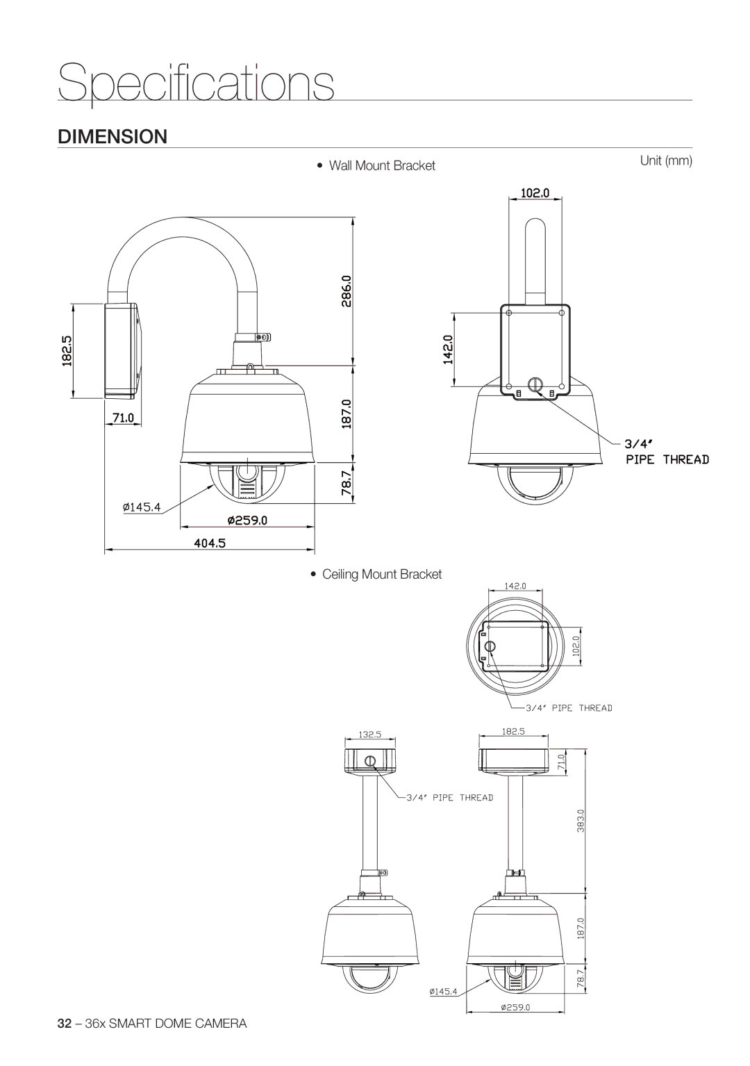 Samsung SCC-C7478P manual Dimension, Wall Mount Bracket, Ceiling Mount Bracket, Unit mm, 32 36x Smart Dome Camera 