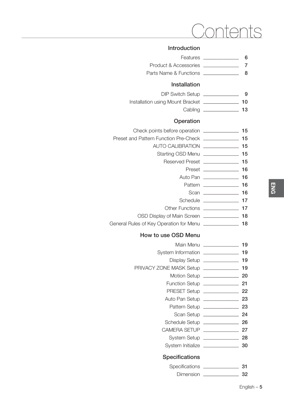 Samsung SCC-C7478P manual Contents 