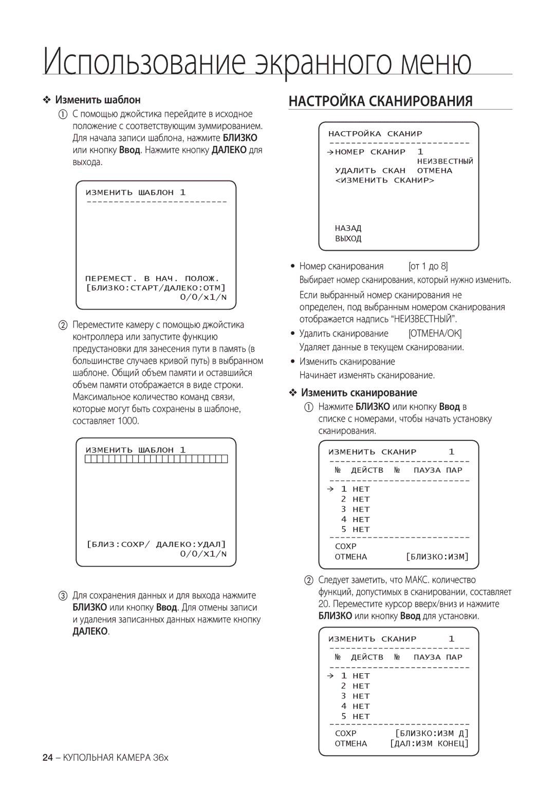 Samsung SCC-C7478P manual Настройка Сканирования, Изменить шаблон, Изменить сканирование 