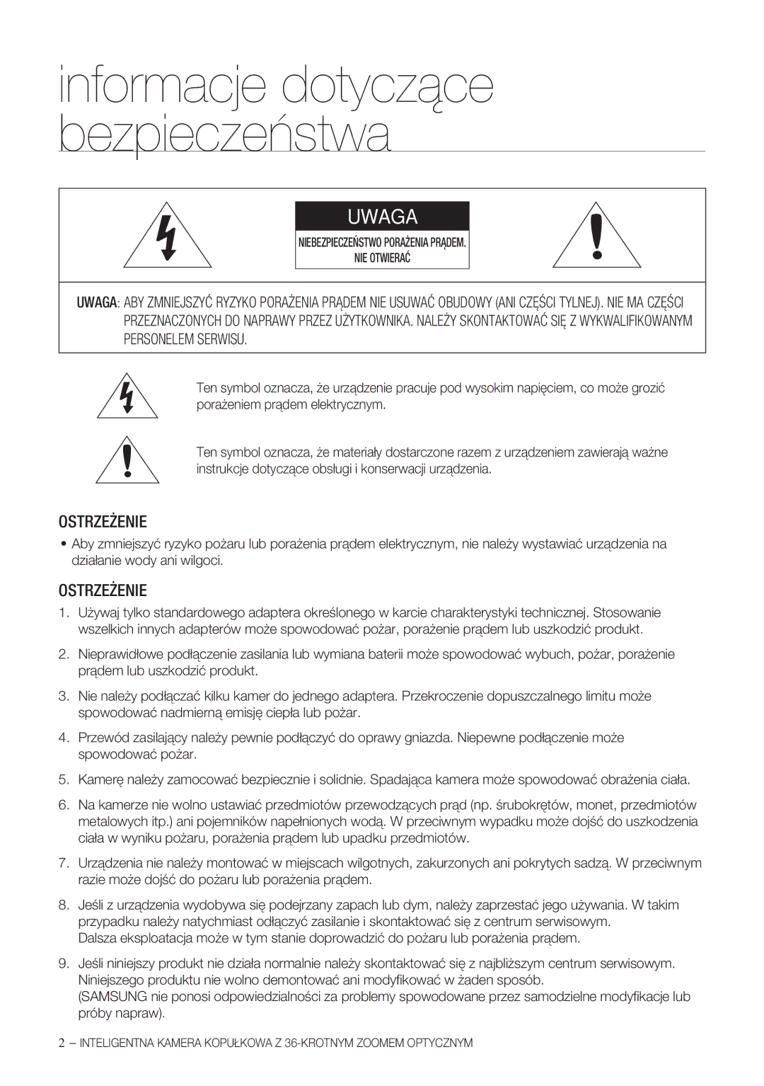 Samsung SCC-C7478P manual Informacje dotyczące bezpieczeństwa, Ostrzeżenie 