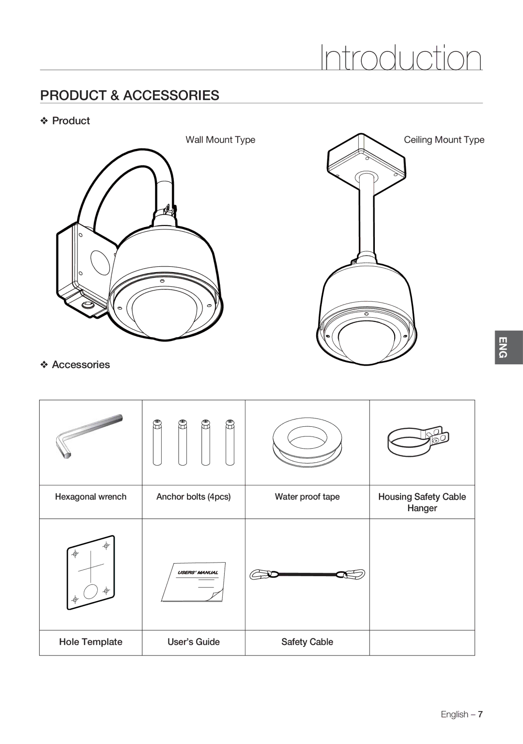 Samsung SCC-C7478P manual Product & Accessories, Wall Mount Type, Housing Safety Cable Hanger Hole Template User’s Guide 