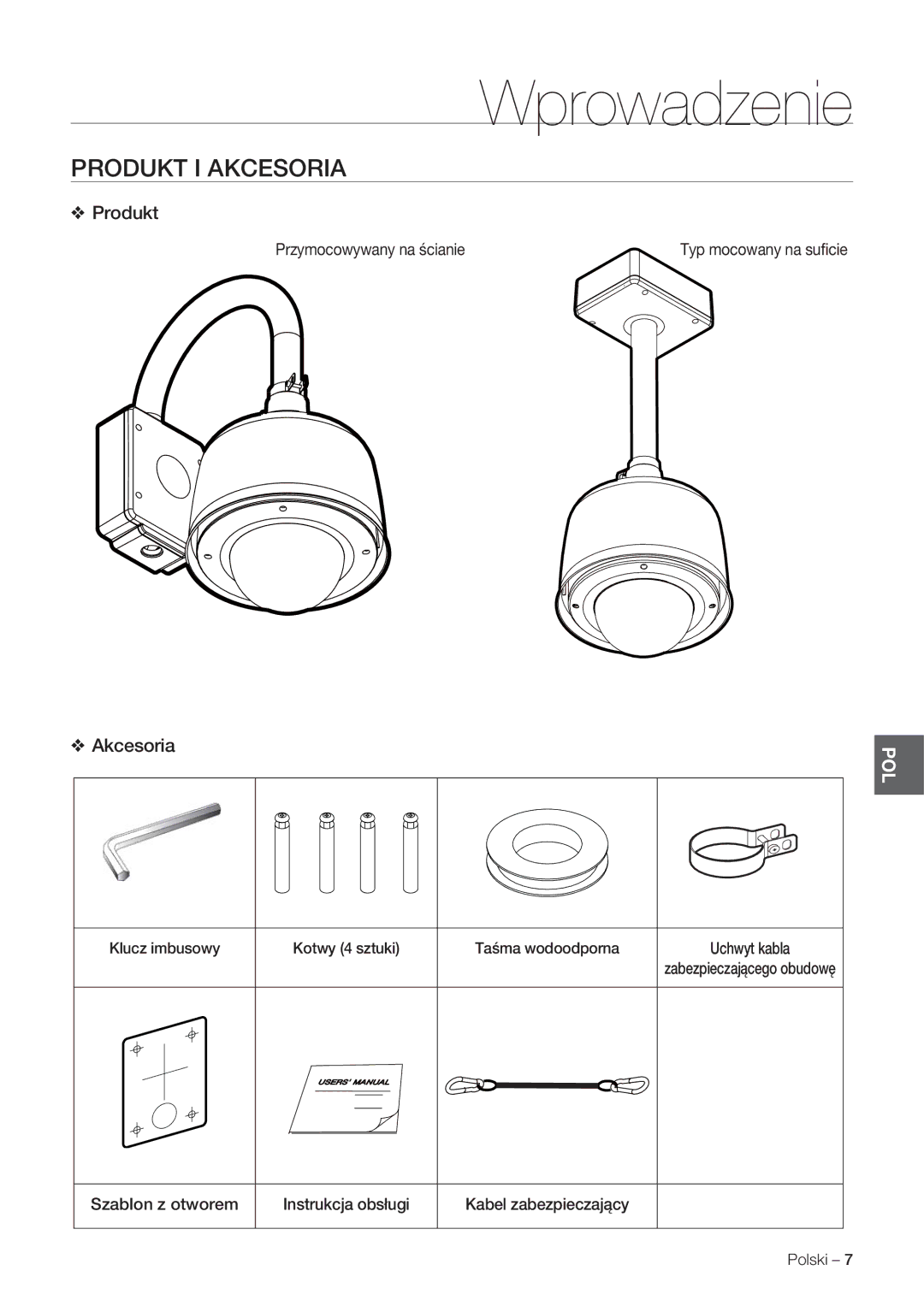 Samsung SCC-C7478P manual Produkt I Akcesoria, Przymocowywany na ścianie 