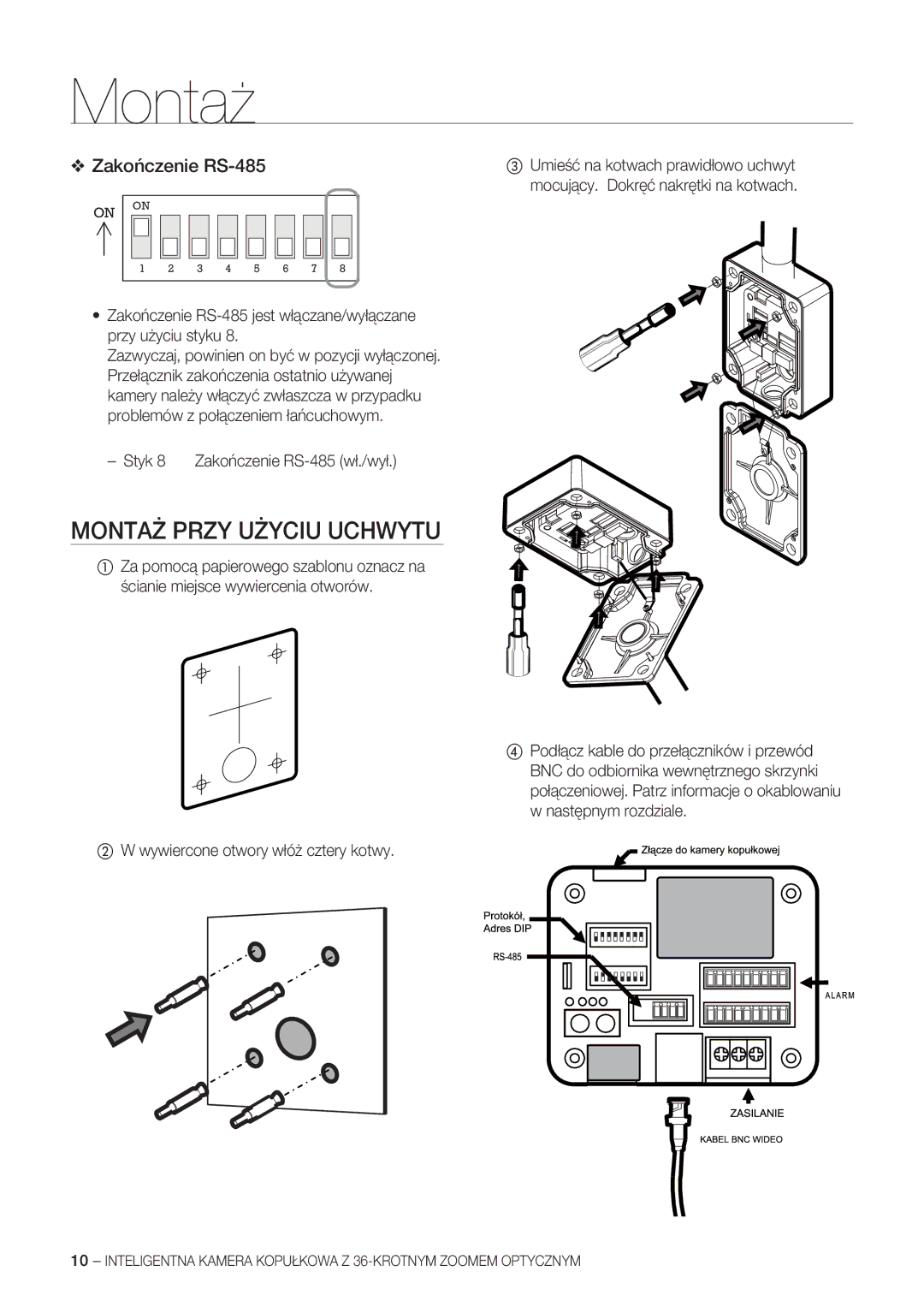 Samsung SCC-C7478P manual Montaż Przy Użyciu Uchwytu, Styk 8 Zakończenie RS-485 wł./wył 