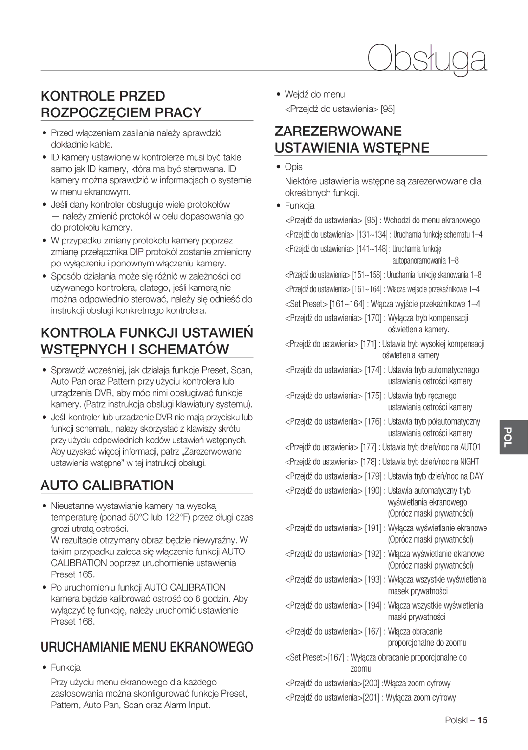 Samsung SCC-C7478P manual Obsługa, Kontrole Przed Rozpoczęciem Pracy, Kontrola Funkcji Ustawień Wstępnych I Schematów 