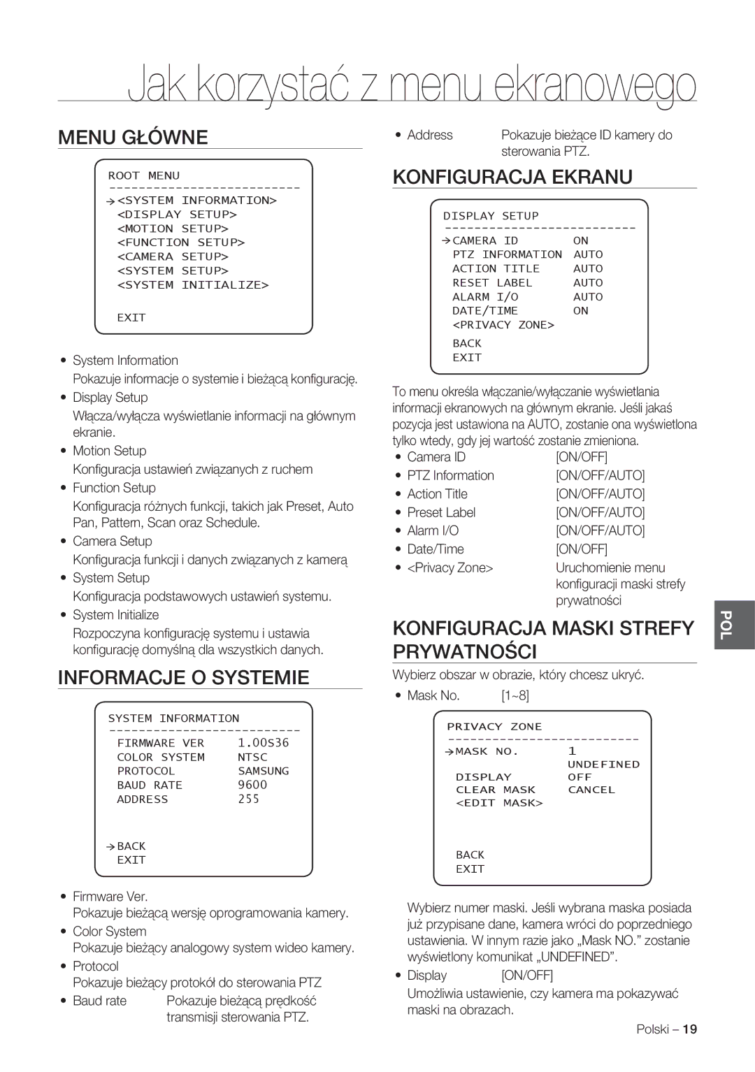 Samsung SCC-C7478P manual Menu Główne, Informacje O Systemie, Konfiguracja Ekranu, Konfiguracja Maski Strefy, Prywatności 