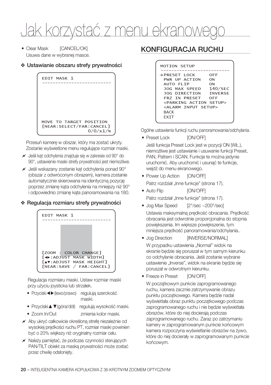 Samsung SCC-C7478P manual Konfiguracja Ruchu, Ustawianie obszaru strefy prywatności, Regulacja rozmiaru strefy prywatności 