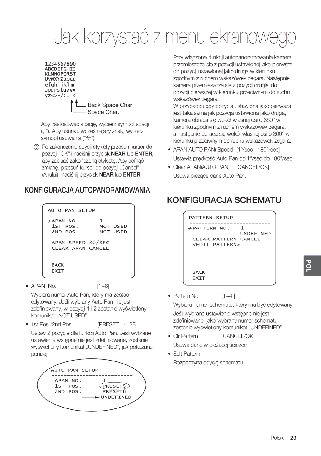 Samsung SCC-C7478P manual Konfiguracja Schematu, Konfiguracja Autopanoramowania, Pattern No, Clr Pattern 