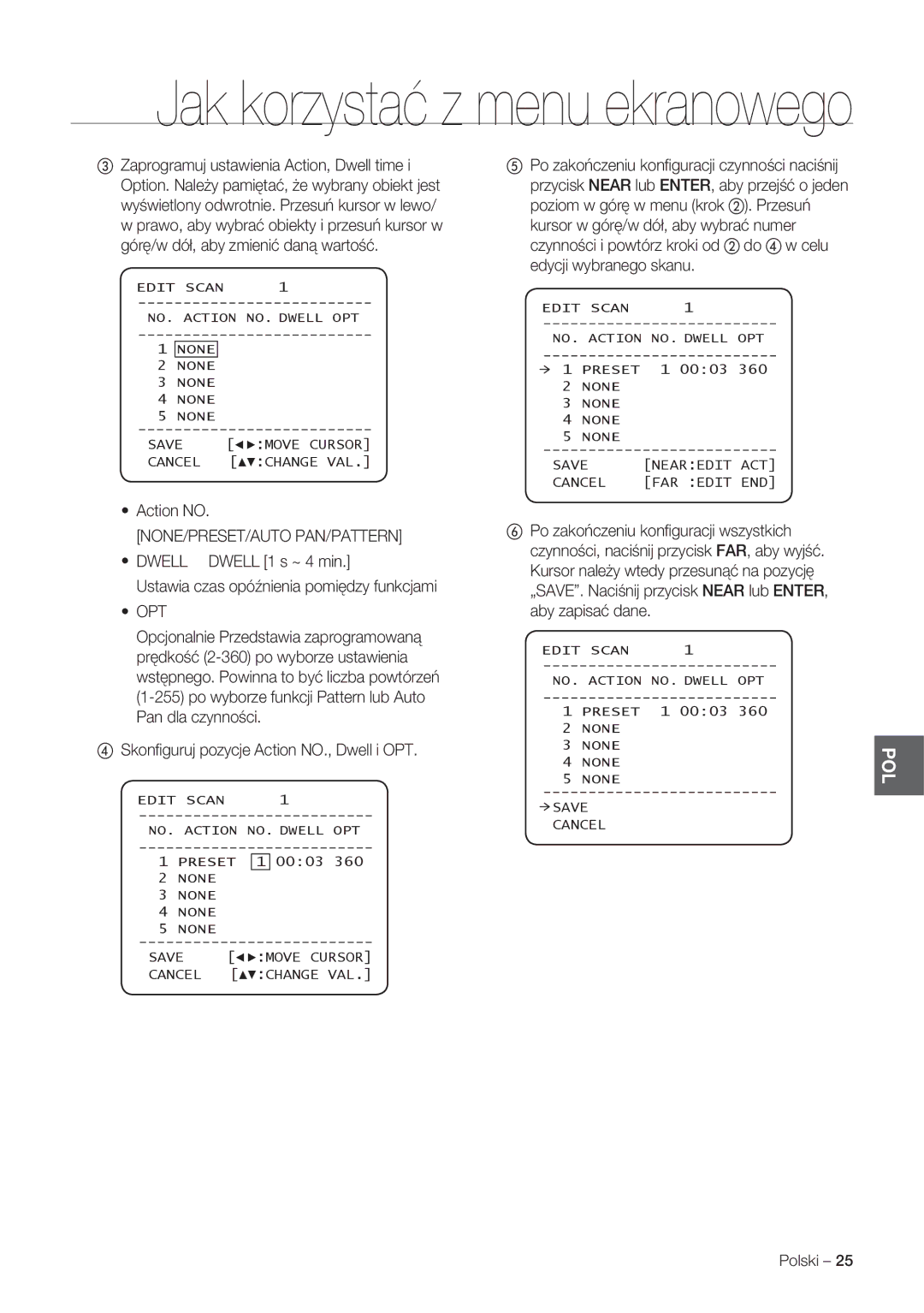 Samsung SCC-C7478P manual Action no, ④ Skonﬁguruj pozycje Action NO., Dwell i OPT 