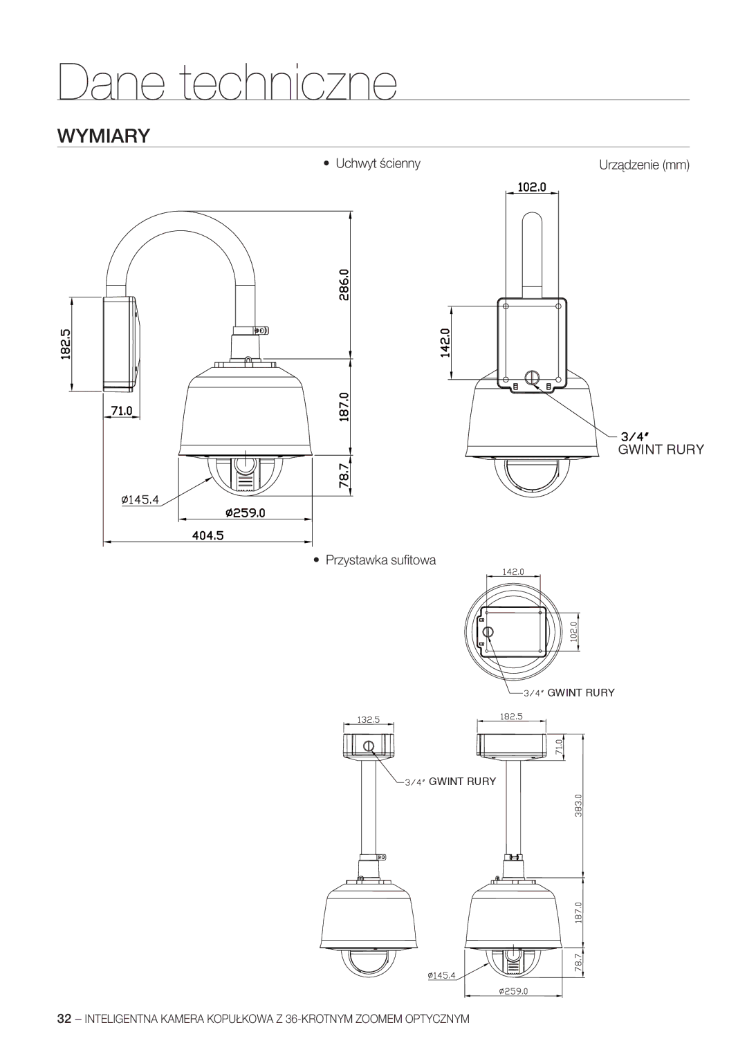 Samsung SCC-C7478P manual Wymiary, Uchwyt ścienny 