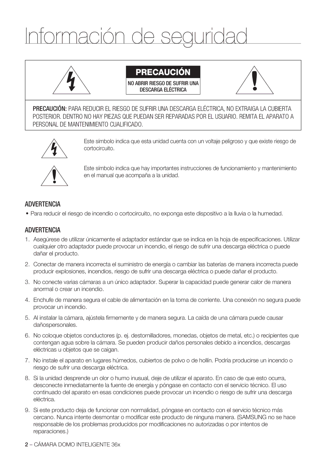 Samsung SCC-C7478P manual Información de seguridad, Cámara Domo Inteligente 