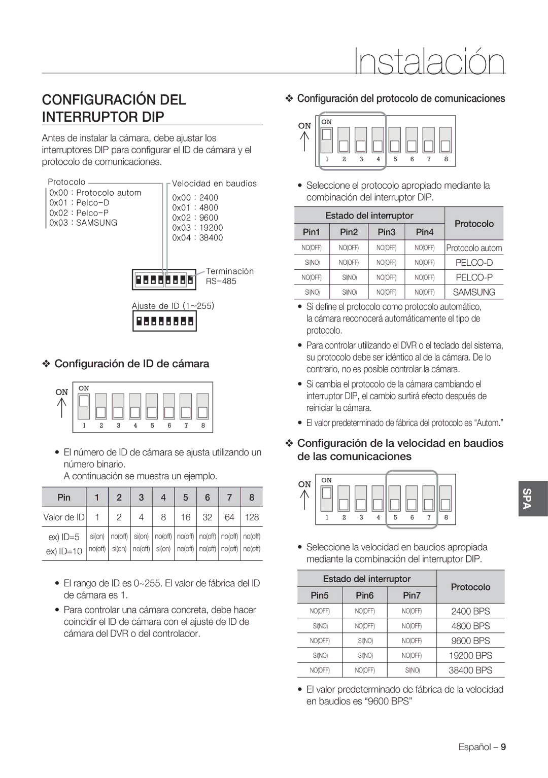 Samsung SCC-C7478P manual Instalación, Configuración DEL Interruptor DIP, Conﬁguración del protocolo de comunicaciones 