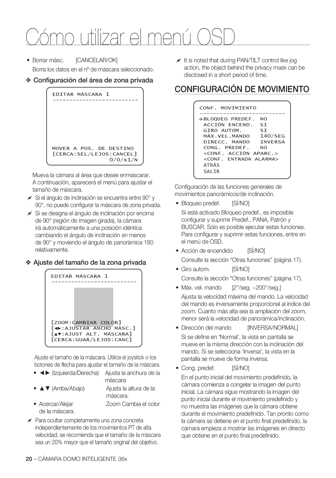 Samsung SCC-C7478P manual Cómo utilizar el menú OSD, Configuración DE Movimiento, Conﬁguración del área de zona privada 