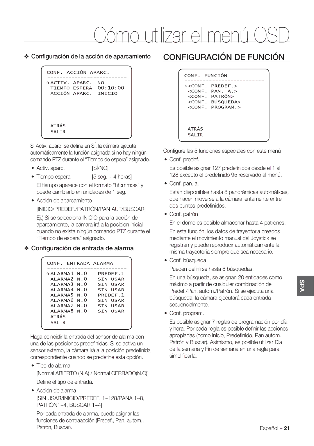 Samsung SCC-C7478P manual Conﬁguración de entrada de alarma, Sí/No, Inicio/Predef./Patrón/Pan Aut/Buscar 