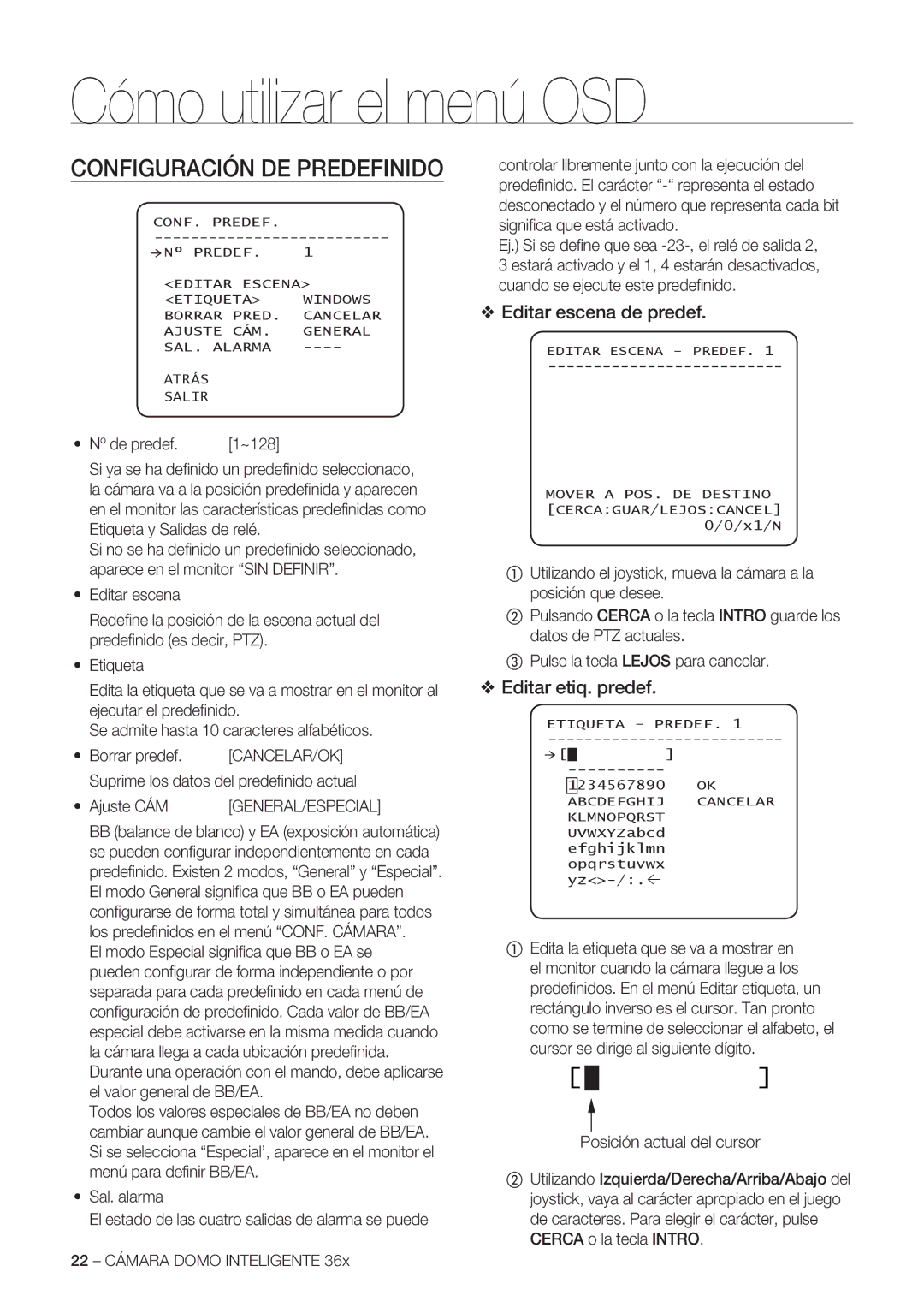 Samsung SCC-C7478P manual Configuración DE Predefinido, Editar escena de predef, Editar etiq. predef, Cancelar/Ok 