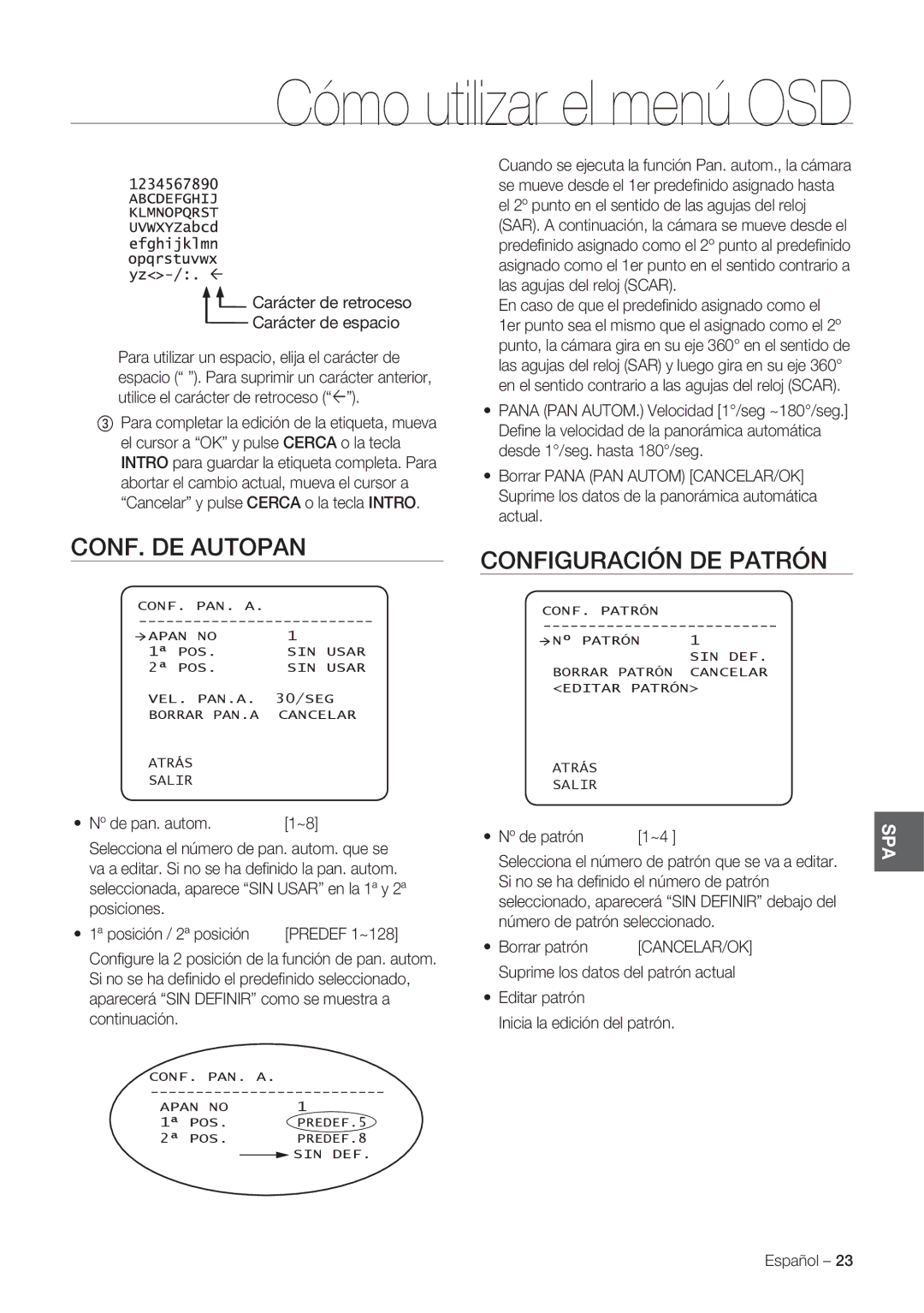 Samsung SCC-C7478P manual CONF. DE Autopan, Configuración DE Patrón 