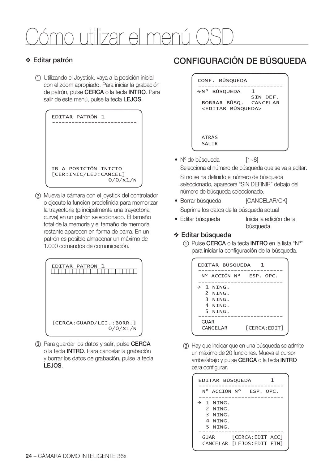 Samsung SCC-C7478P manual Configuración DE Búsqueda, Editar patrón, Editar búsqueda, Lejos 