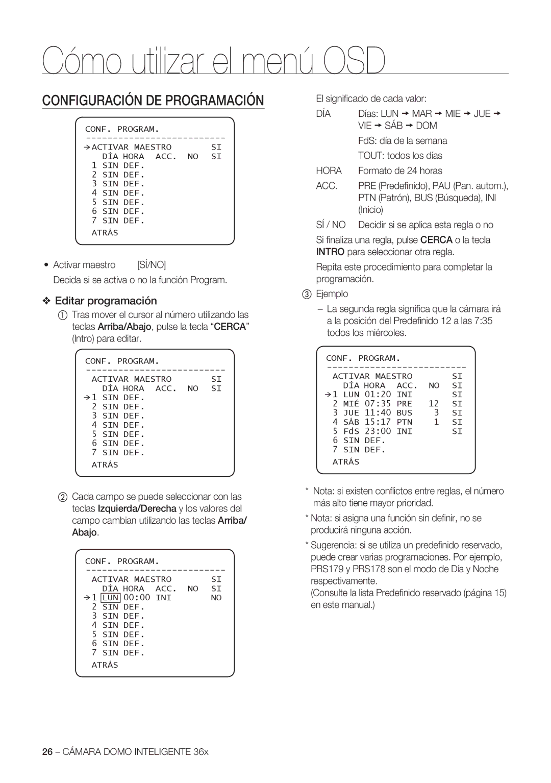 Samsung SCC-C7478P manual Configuración DE Programación, Editar programación 