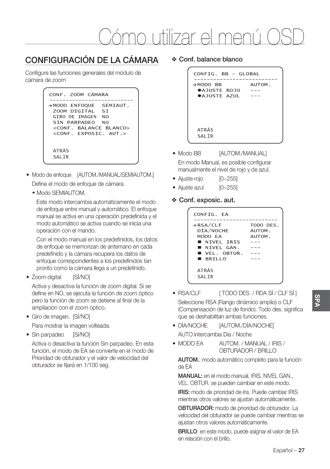 Samsung SCC-C7478P manual Configuración DE LA Cámara, Conf. balance blanco, Conf. exposic. aut 